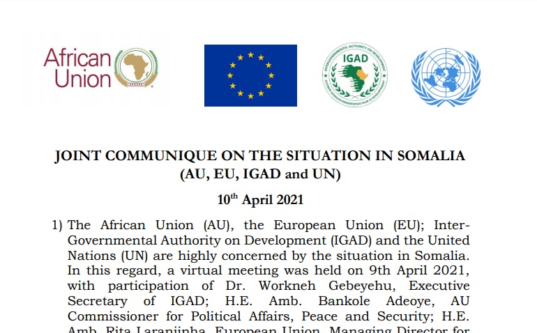 , “الصومال اليوم” يعيد نشر نص بيان &#8220;الأمم المتحدة وايغاد والاتحادين الأفريقي والأوروبي&#8221; حول الوضع في الصومال.. رفض قاطع للتمديد