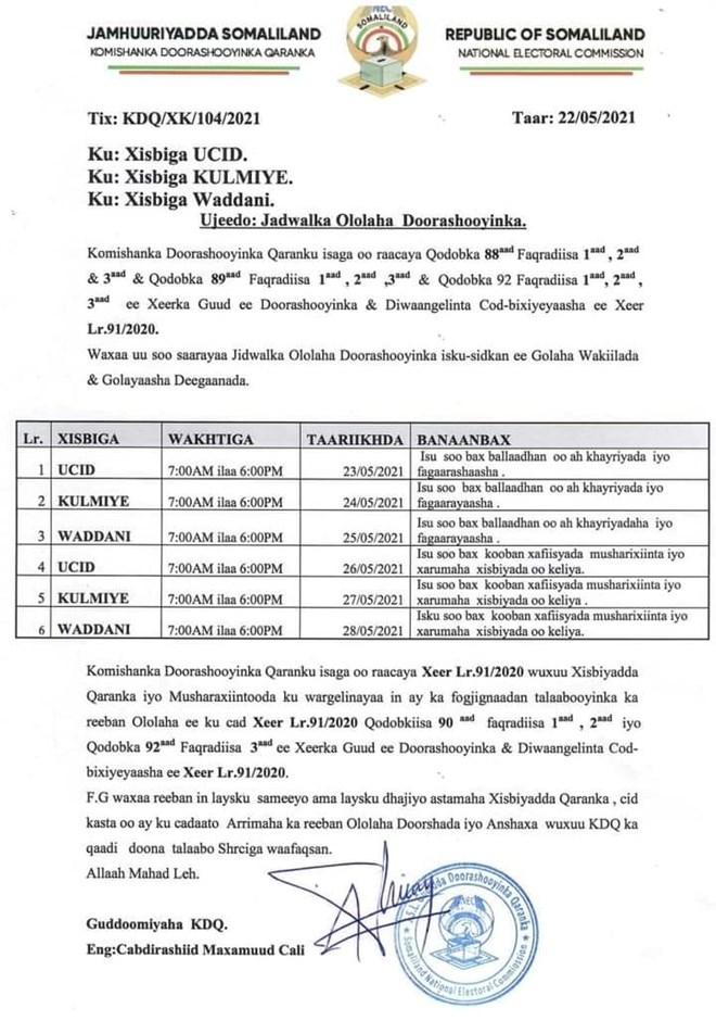 , مفوضية الانتخابات في أرض الصومال تصدر جدولاً زمنياً للحملات