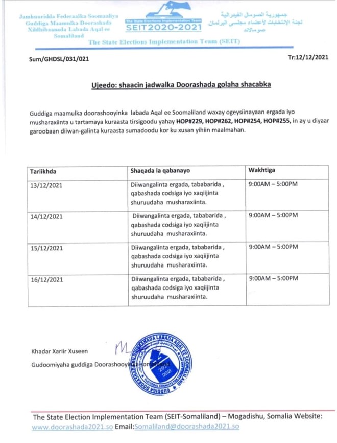 , مفوضية انتخابات أرض الصومال تعلن الجدول الزمني لتسجيل أربعة مقاعد في البرلمان