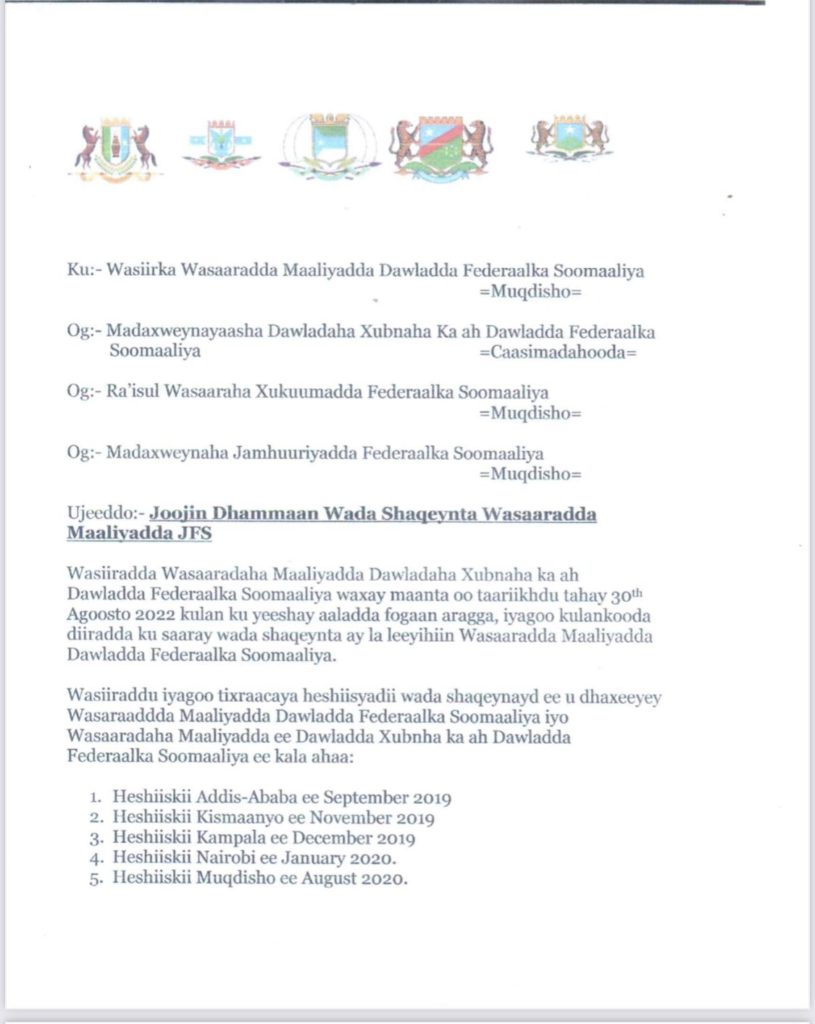 , ولايات الصومال الخمس تُعلن تعليق تعاملها مع وزارة المالية الفيدرالية